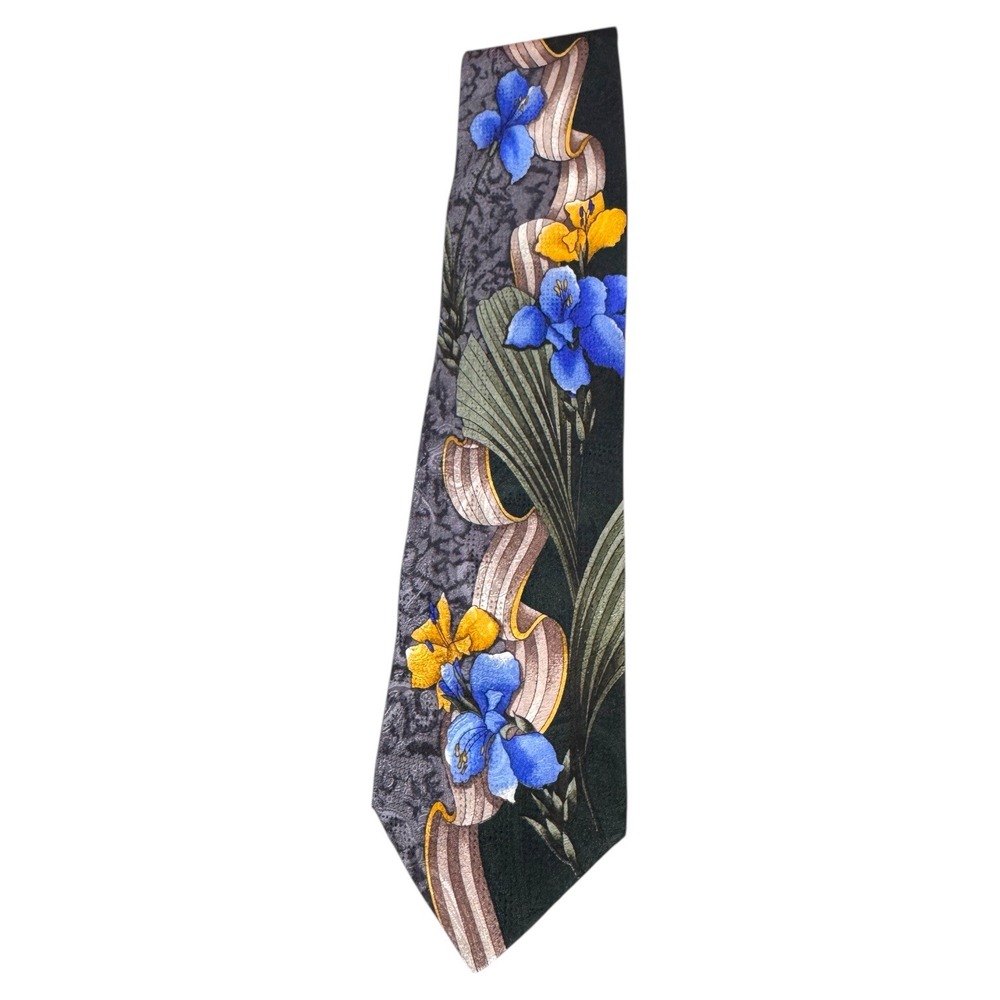 SAZZARI Men's Floral Necktie Silk Tie Blue Yellow Abstract Pattern